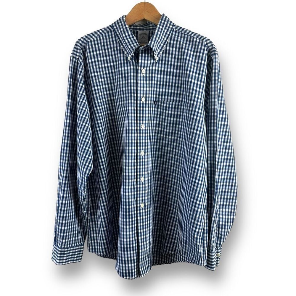 Brooks Brothers XL Slim Original Cotton Polo Shirt Blue Gingham Plaid Longsleeve